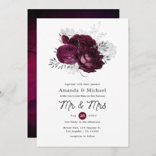 Invitation Mariage floral bourguignon et argenté