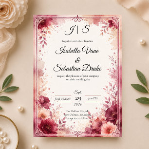 Invitation Mariage Floral Bourguignon Romantique
