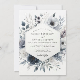 Invitation Mariage Floral Brouillé Bleu Ardoise