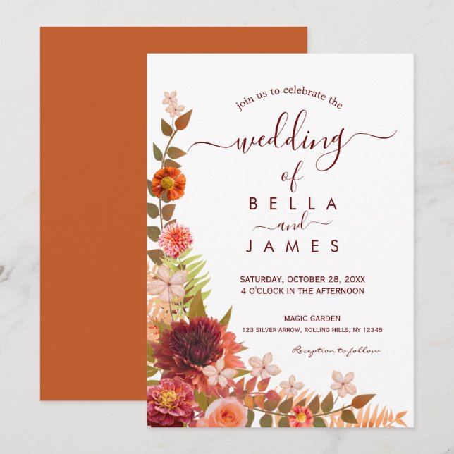 Invitation Mariage floral Burange Orange Terracotta Boho (Devant / Derrière)