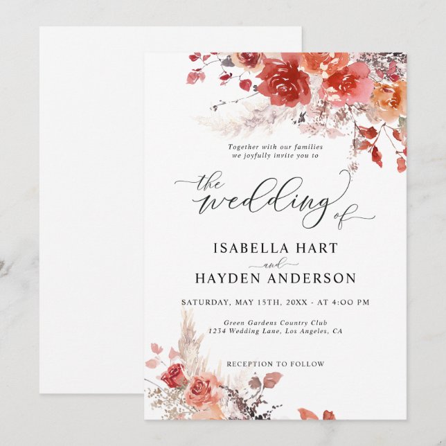 Invitation Mariage floral Burange rouille Boho Terracotta (Devant / Derrière)