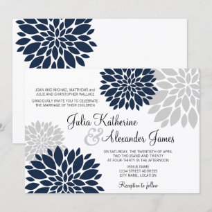 Invitation Mariage Floral Burst Bleu Nuit et Gris Argent