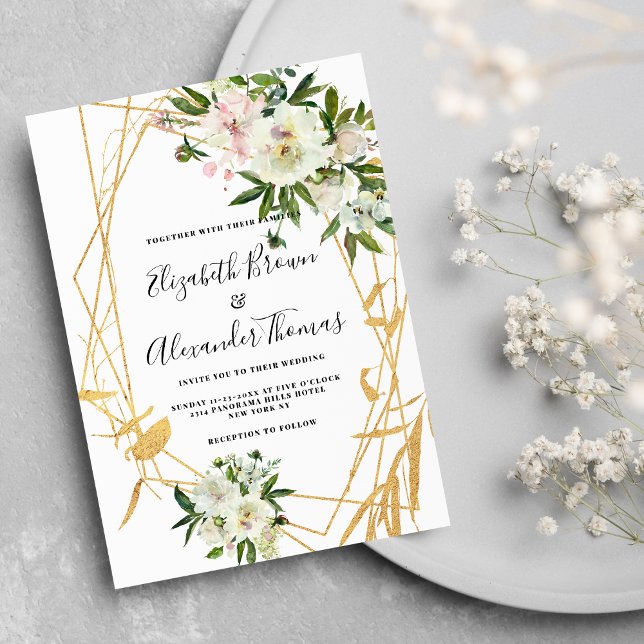 Invitation Mariage floral chic blanc peony or terrarium (Chic white peony gold terrarium floral wedding)