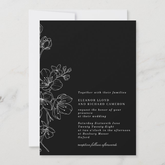 Invitation Mariage floral chic noir et blanc (Devant)