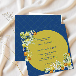Invitation Mariage Floral Citron Bleu Or Élégant