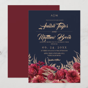 Invitation Mariage Floral Classique Bourgogne Bleu Nuit Or
