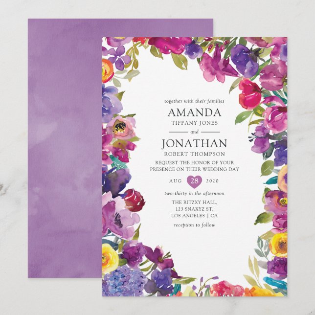 Invitation Mariage floral coloré (Devant / Derrière)