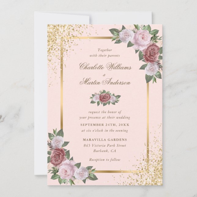 Invitation Mariage floral Confetti à cadre rose et or (Devant)