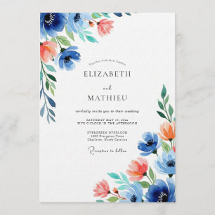 Invitation Mariage Floral Corail Bleu