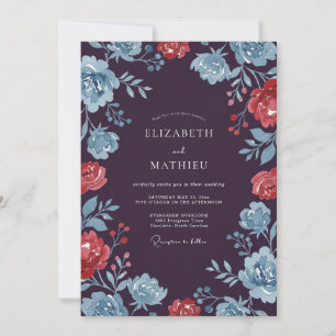 Invitation Mariage Floral Corail Bleu Prune