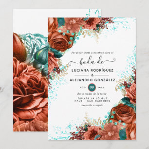 Invitation Mariage floral corail et sarcelle espagnol