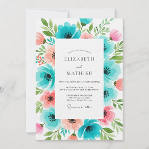 Invitation Mariage Floral Corail Sarcelle en Fleur