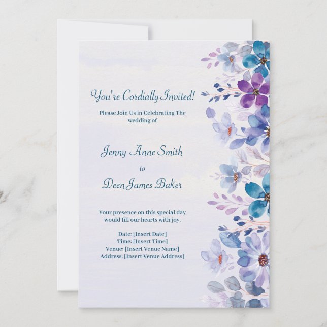 Invitation Mariage floral cordial violet et bleu (Devant)