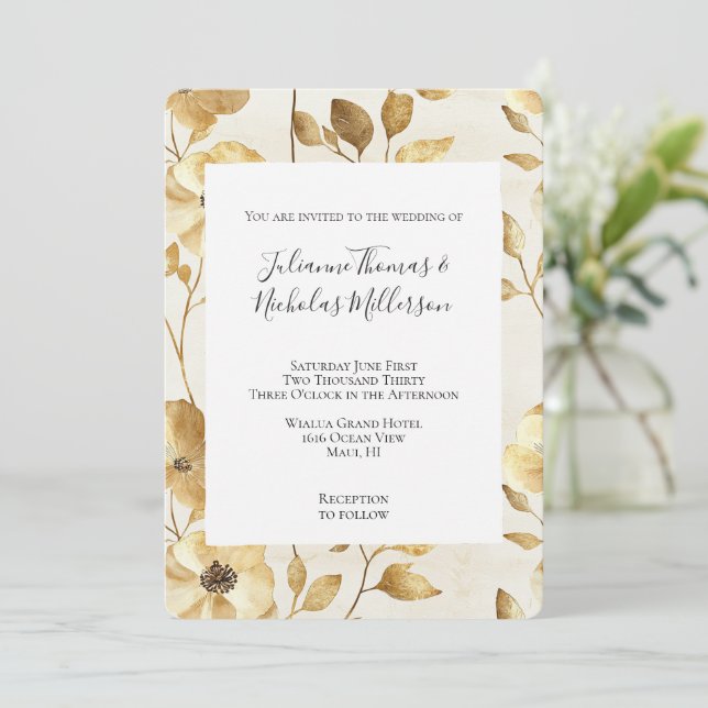 Invitation Mariage Floral Cream Gold (Debout devant)