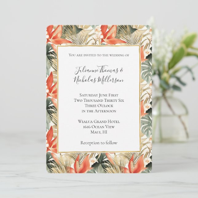 Invitation Mariage floral d'anthurium orange tropical (Debout devant)