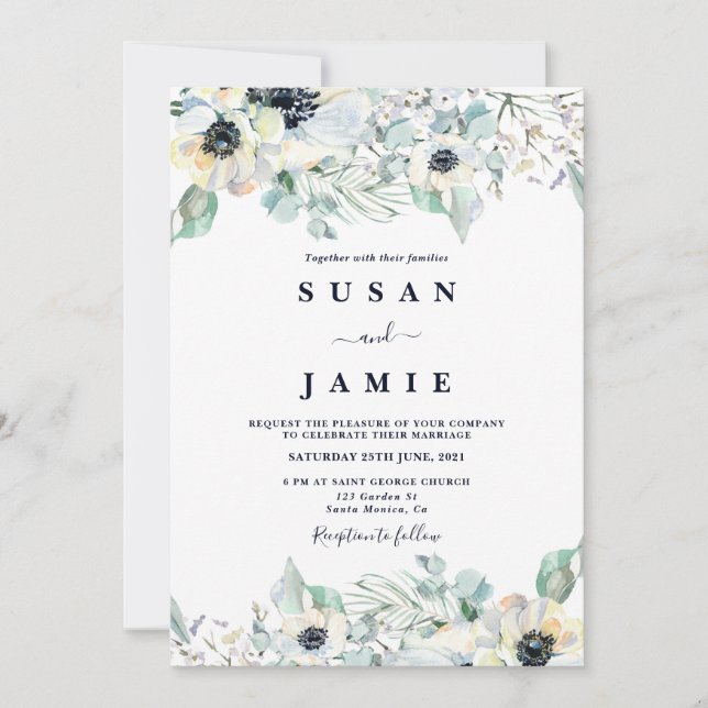 Invitation Mariage floral d'aquarelle anémonique (Devant)