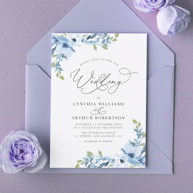 Invitation mariage floral d'aquarelle bleu clair botanique (Créateur téléchargé)