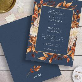 Invitation Mariage Floral d'Automne Bleu Marine