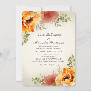 Invitation Mariage Floral d'Automne Orange Brûlé Rustique