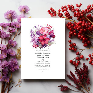 Invitation Mariage Floral d'Automne Rouge Cerise et Violet Br