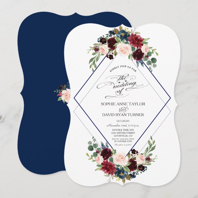 Invitation Mariage floral de Bourgogne de la marine géométriq (Devant / Derrière)