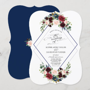 Invitation Mariage floral de Bourgogne de la marine géométriq