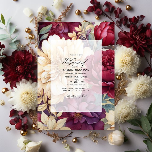 Invitation Mariage floral de Bourgogne, d'ivoire et d'or (Créateur téléchargé)