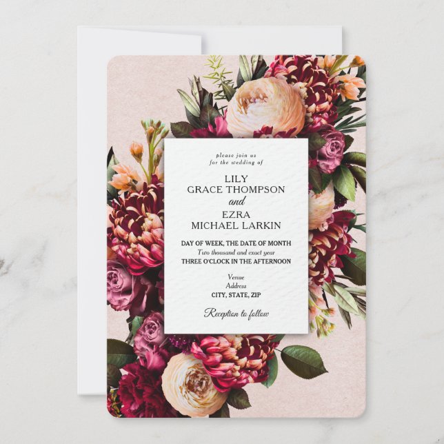 Invitation Mariage floral de Bourgogne et de Blush (Devant)