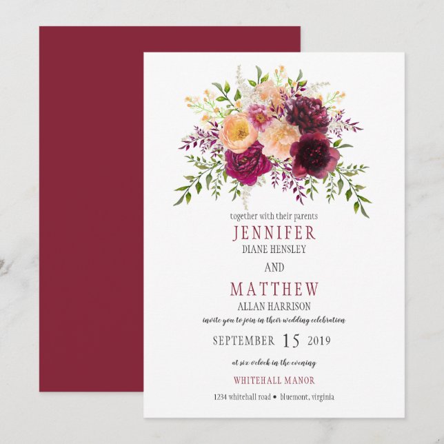 Invitation Mariage floral de Bourgogne et de Pêche | (Devant / Derrière)