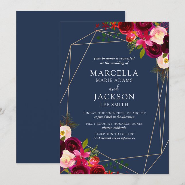 Invitation Mariage floral de Bourgogne et Marine (Devant / Derrière)