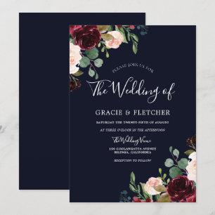 Invitation Mariage floral de Burgundy de la Marine profonde
