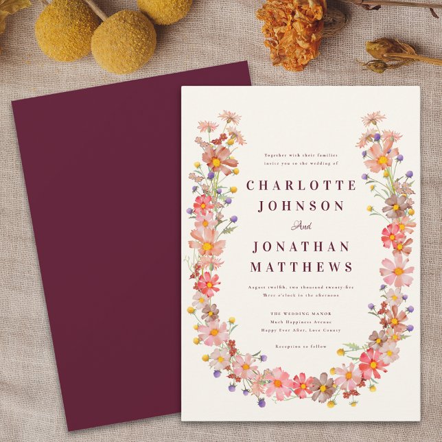 Invitation Mariage floral de Burgundy Fall (Burgundy fall floral wedding invitation boho watercolor wildflower wreath)