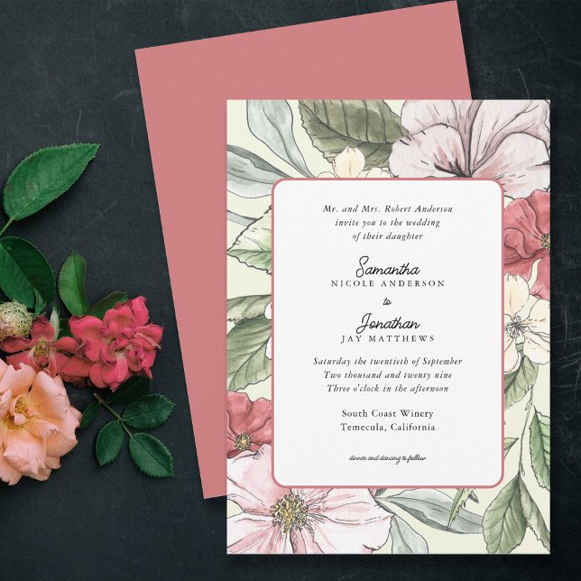 Invitation Mariage floral de chute rose et de neige (Créateur téléchargé)