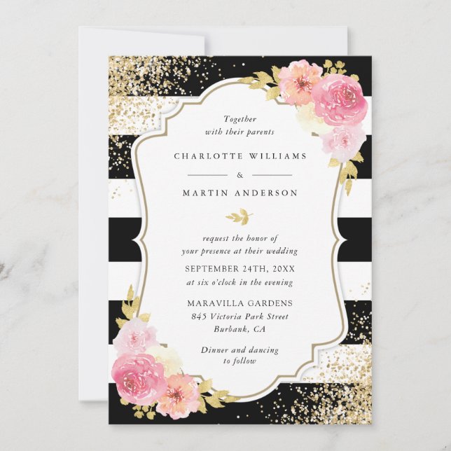 Invitation Mariage floral de Confetti en or noir rose (Devant)