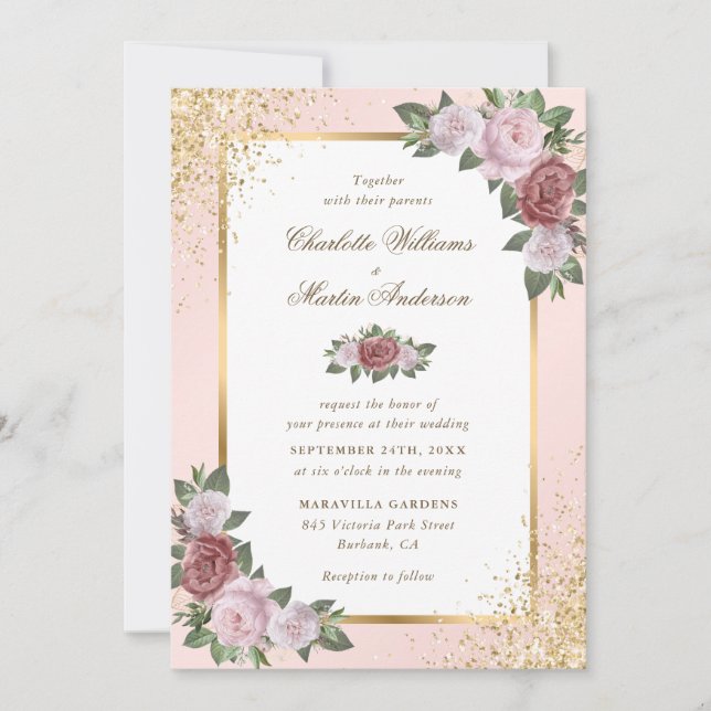 Invitation Mariage floral de Confetti rose et or (Devant)