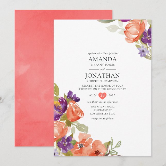 Invitation Mariage floral de corail vivant (Devant / Derrière)
