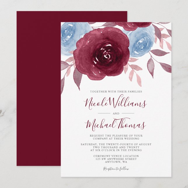 Invitation Mariage floral de couleur bleu d'eau de Bourgogne (Devant / Derrière)