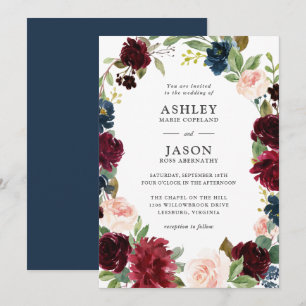Invitation Mariage floral de couleur marine, bordeaux et bleu