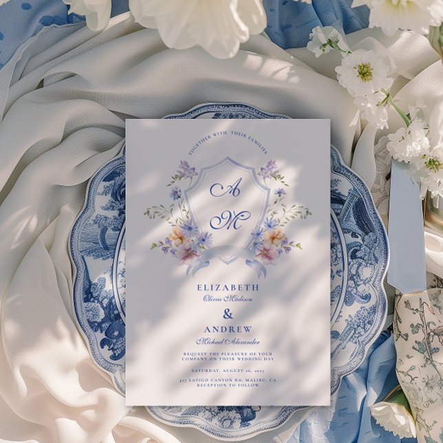Invitation Mariage floral de crête bleue Dusty (Créateur téléchargé)