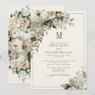 Invitation Mariage Floral de Jardin Monogramme Vintage Blanc
