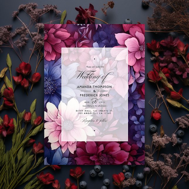 Invitation Mariage floral de la Bourgogne et de la Marine (Créateur téléchargé)
