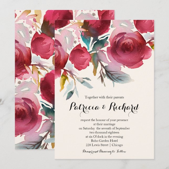 Invitation Mariage floral de la Bourgogne Marsala Boho (Devant / Derrière)