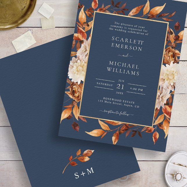 Invitation Mariage floral de la chute bleue de la marine (Navy Blue Fall Floral Wedding Invitation
)