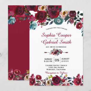 Invitation Mariage floral de la marine de Bourgogne moderne