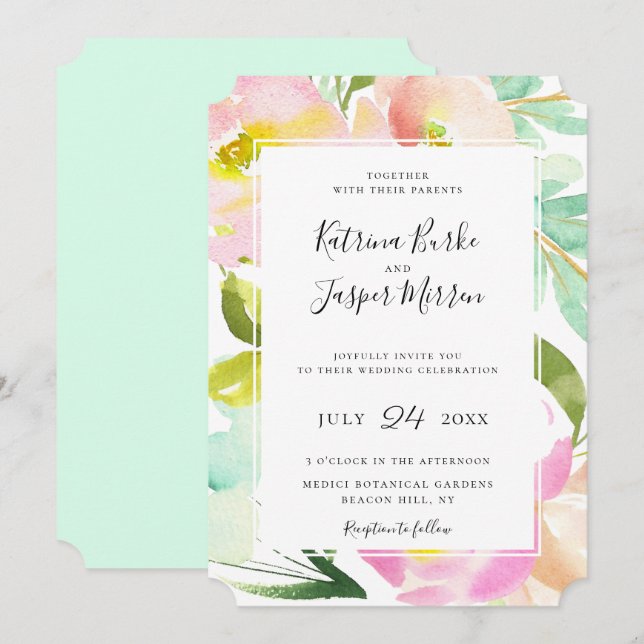 Invitation Mariage floral de la pinte de chair (Devant / Derrière)
