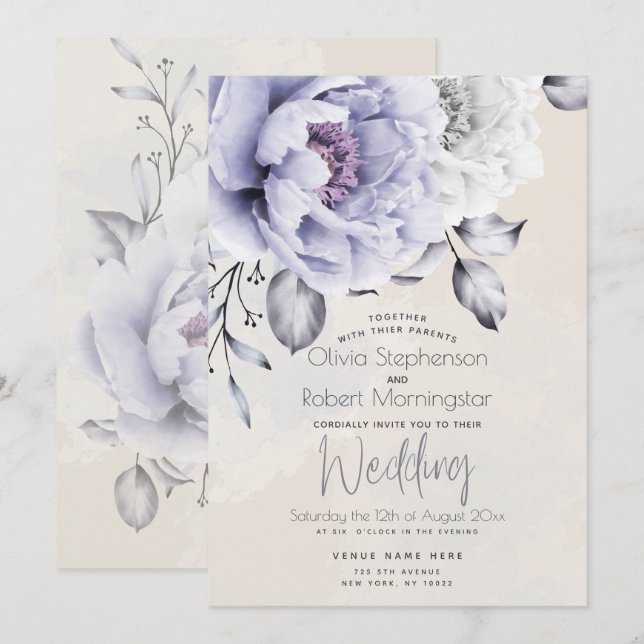 Invitation MARIAGE | Floral de Lilac rustique et d'Albâtre (Devant / Derrière)