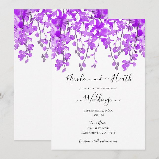 Invitation Mariage floral de l'orchidée d'aquarelle violette (Devant / Derrière)