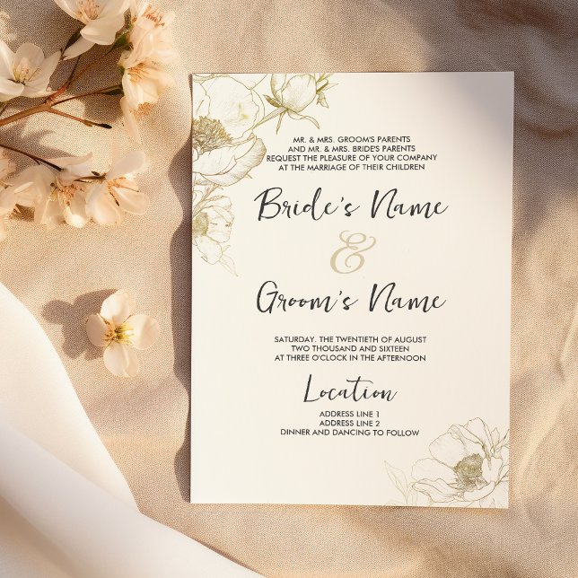 Invitation Mariage floral de luxe simple or blanc peony (Luxury simple white gold peony floral Wedding )