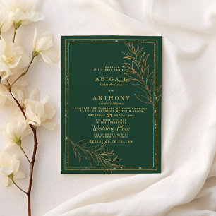 Invitation Mariage floral de luxe vert foncé paillettes dorée