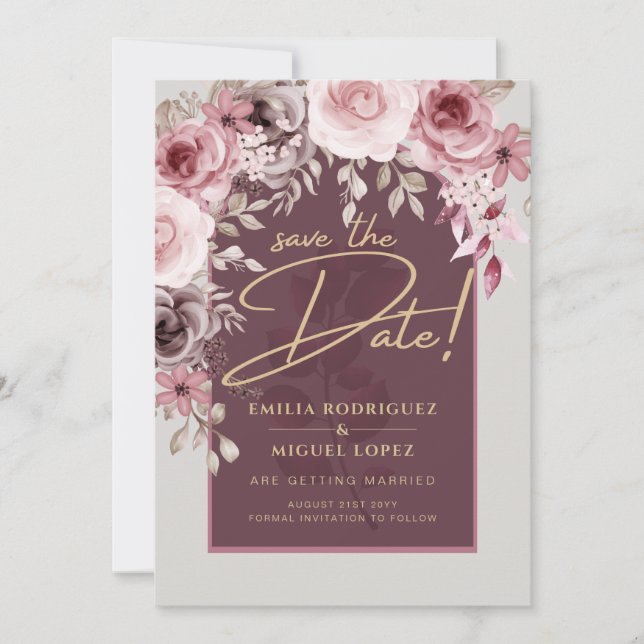 Invitation Mariage floral de marron rose vif ENREGISTRER LA D (Devant)